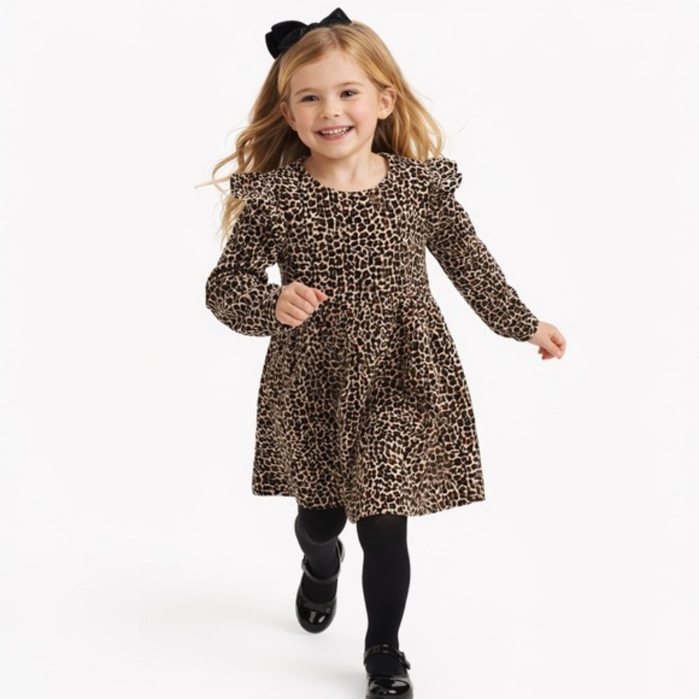 CREWCUTS Girls VELVET RUFFLE SHOULDER DRESS IN LEOPARD PRINT SIZE 10